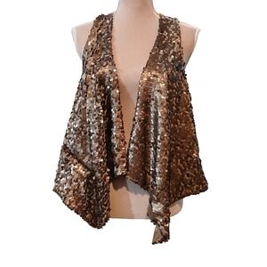 XXI Forever 21  Medium Sequin Draped Open Front Vest Bronze Tan Racerback Junior